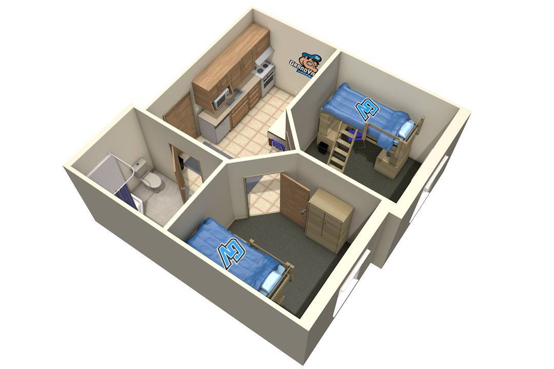 Apartment style housing floor plan with two bedrooms, a bathroom, and kitchen.
